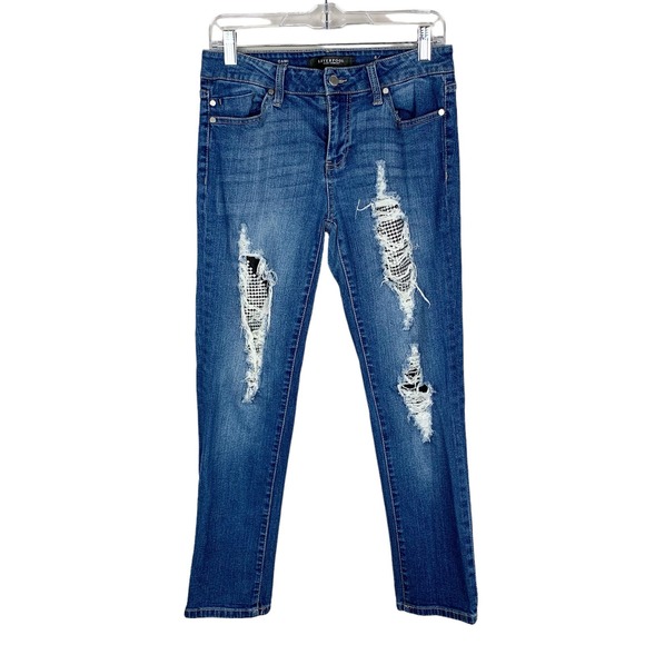 Liverpool Cami Crop Jeans Distressed Rhinestone Patches Blue Women’s 6 - Picture 1 of 12